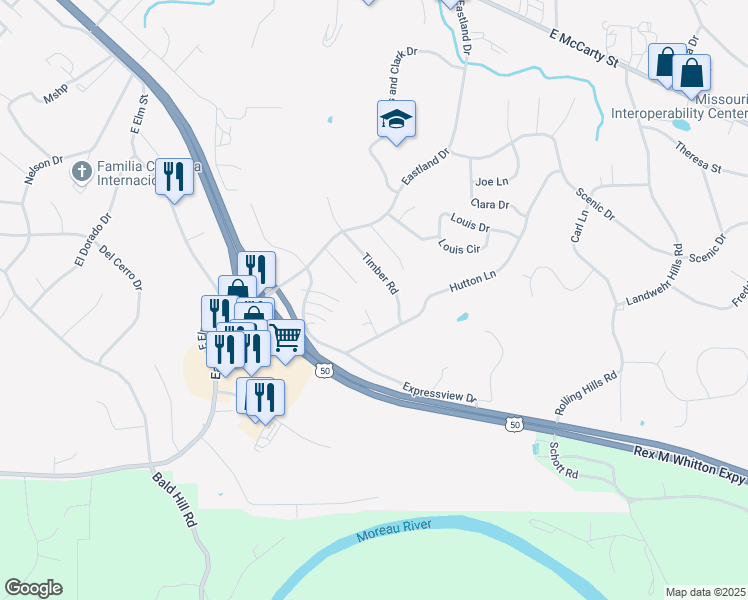 map of restaurants, bars, coffee shops, grocery stores, and more near 2024 Timber Road in Jefferson City