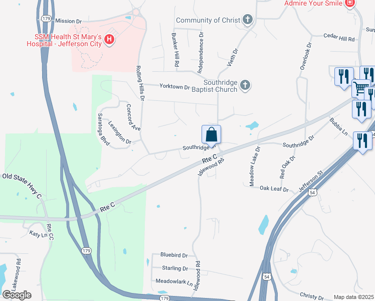 map of restaurants, bars, coffee shops, grocery stores, and more near 2320 Southridge Drive in Jefferson City