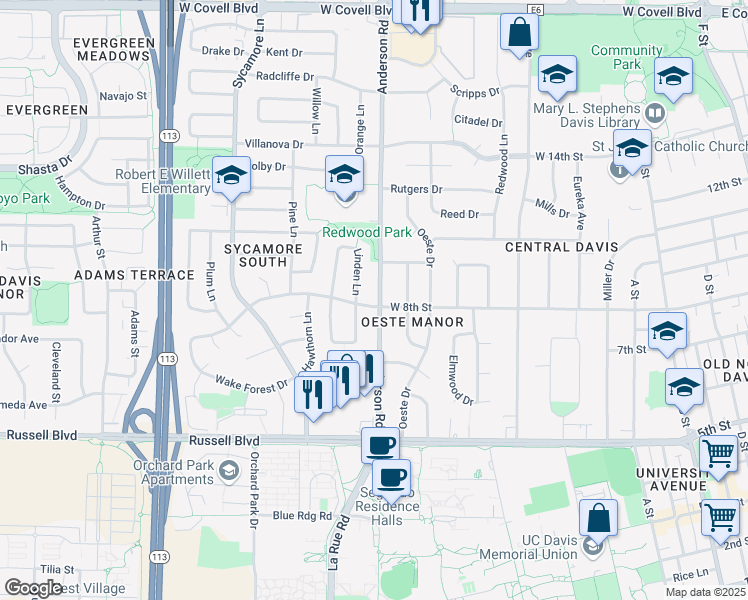map of restaurants, bars, coffee shops, grocery stores, and more near 801 Anderson Road in Davis