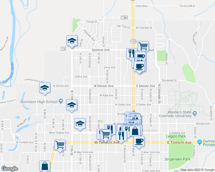 map of restaurants, bars, coffee shops, grocery stores, and more near 399 West Denver Avenue in Gunnison