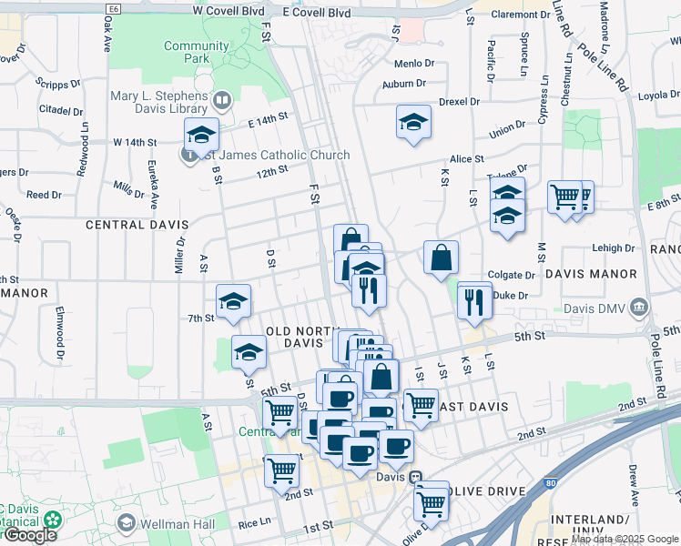 map of restaurants, bars, coffee shops, grocery stores, and more near 715 G Street in Davis
