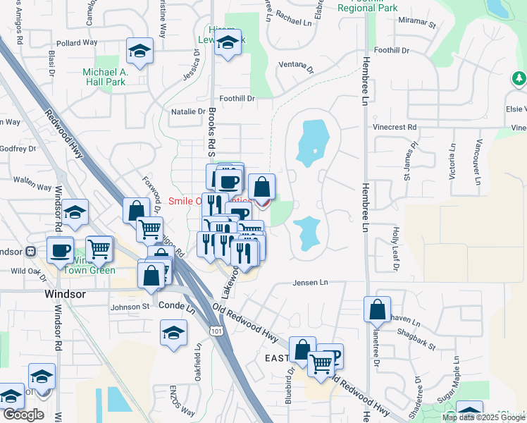 map of restaurants, bars, coffee shops, grocery stores, and more near 907 Adele Drive in Windsor