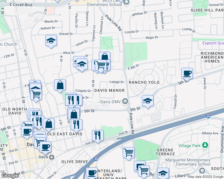 map of restaurants, bars, coffee shops, grocery stores, and more near 650 Lessley Place in Davis
