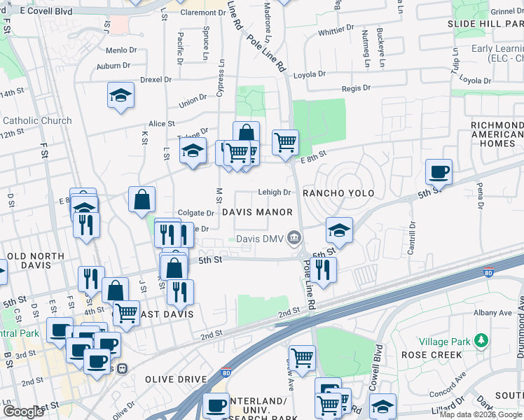 map of restaurants, bars, coffee shops, grocery stores, and more near 650 Lessley Place in Davis