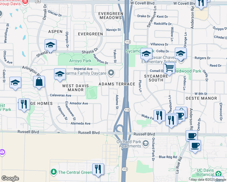 map of restaurants, bars, coffee shops, grocery stores, and more near 877 Adams Street in Davis