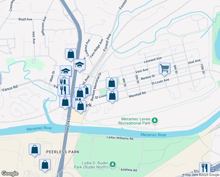 map of restaurants, bars, coffee shops, grocery stores, and more near 213 Third Street in Valley Park