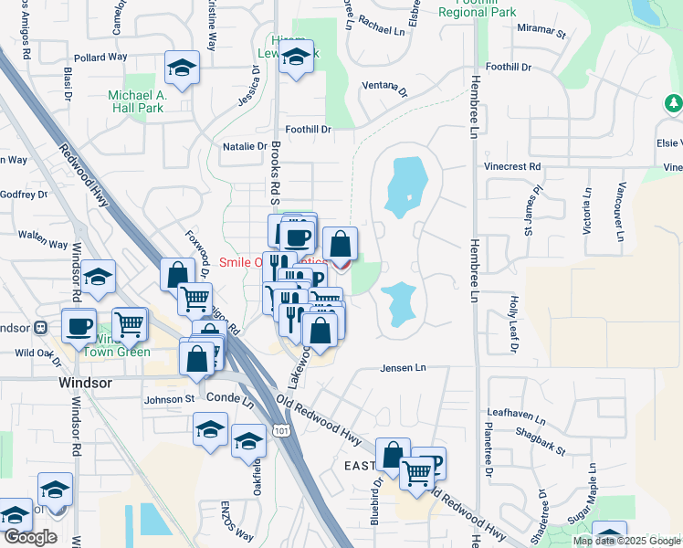 map of restaurants, bars, coffee shops, grocery stores, and more near 8911 Lakewood Drive in Windsor