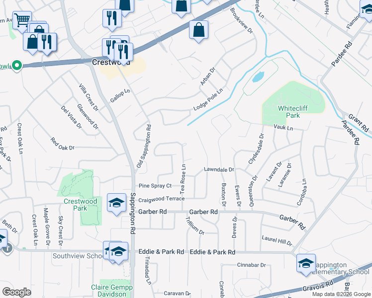 map of restaurants, bars, coffee shops, grocery stores, and more near 9202 Tea Rose Lane in St. Louis