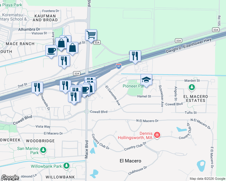 map of restaurants, bars, coffee shops, grocery stores, and more near 5051 Veranda Terrace in Davis