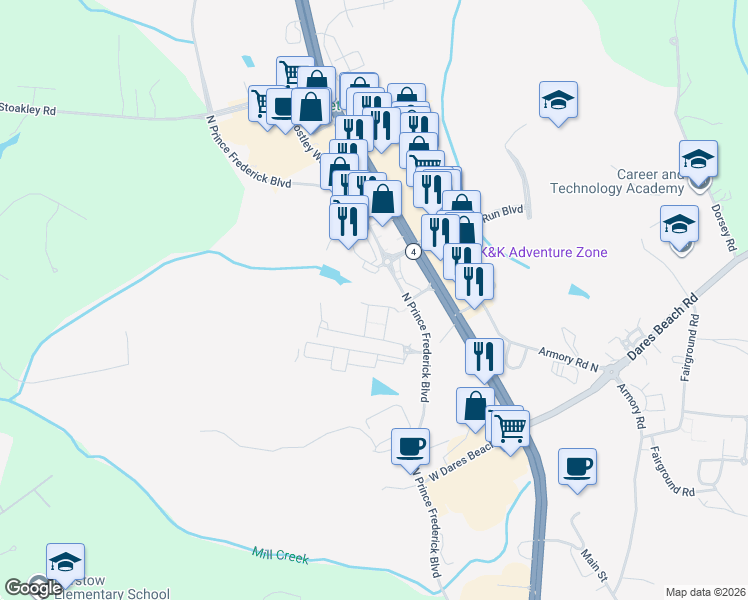map of restaurants, bars, coffee shops, grocery stores, and more near 165 Winslow Place in Prince Frederick