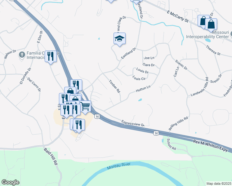 map of restaurants, bars, coffee shops, grocery stores, and more near 2024 Timber Road in Jefferson City