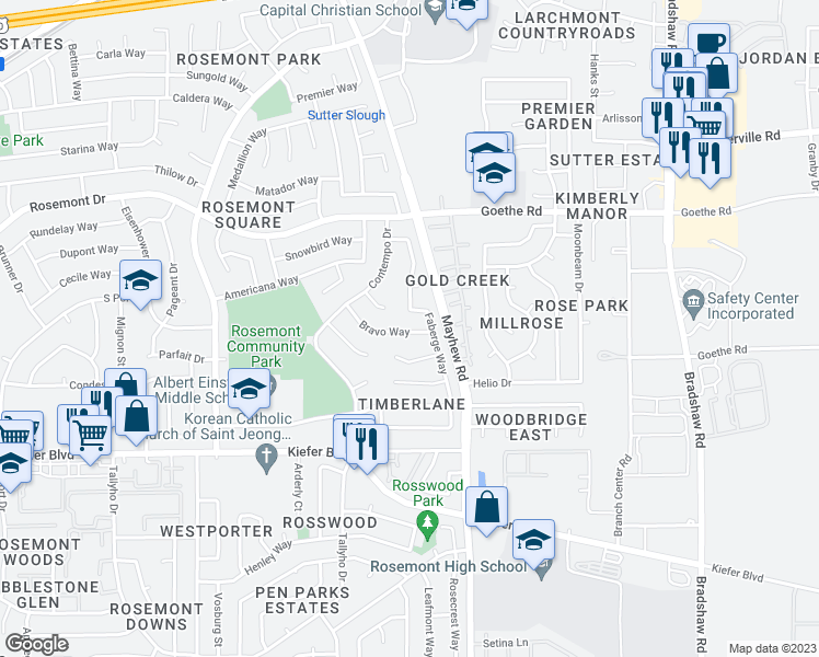 map of restaurants, bars, coffee shops, grocery stores, and more near 9424 Torchy Court in Sacramento