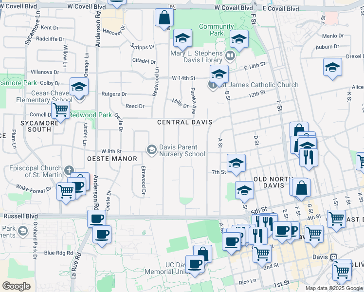 map of restaurants, bars, coffee shops, grocery stores, and more near 812 Douglass Avenue in Davis