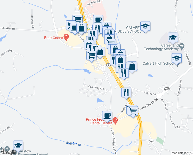 map of restaurants, bars, coffee shops, grocery stores, and more near 177 Winslow Place in Prince Frederick