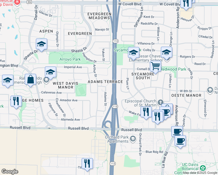 map of restaurants, bars, coffee shops, grocery stores, and more near 800 Adams Street in Davis