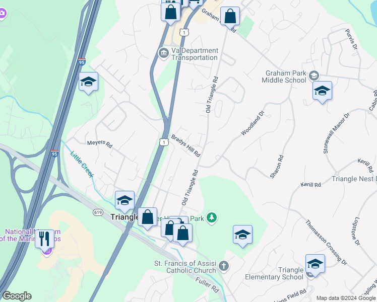 map of restaurants, bars, coffee shops, grocery stores, and more near 3995 Bradys Hill Road in Triangle