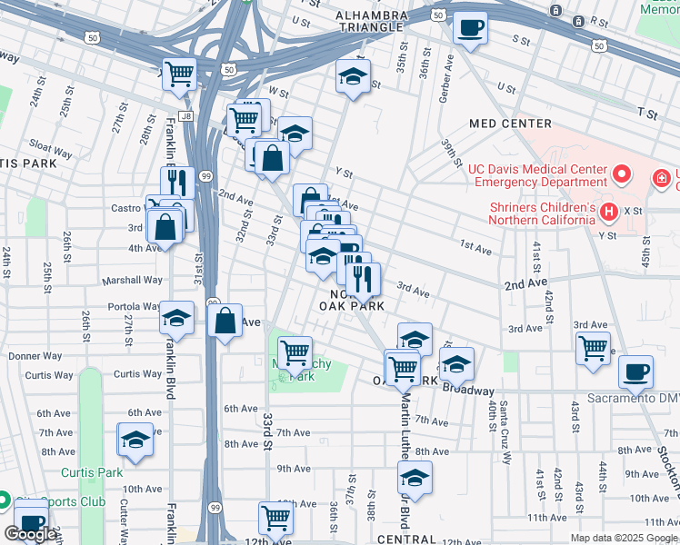 map of restaurants, bars, coffee shops, grocery stores, and more near in Sacramento