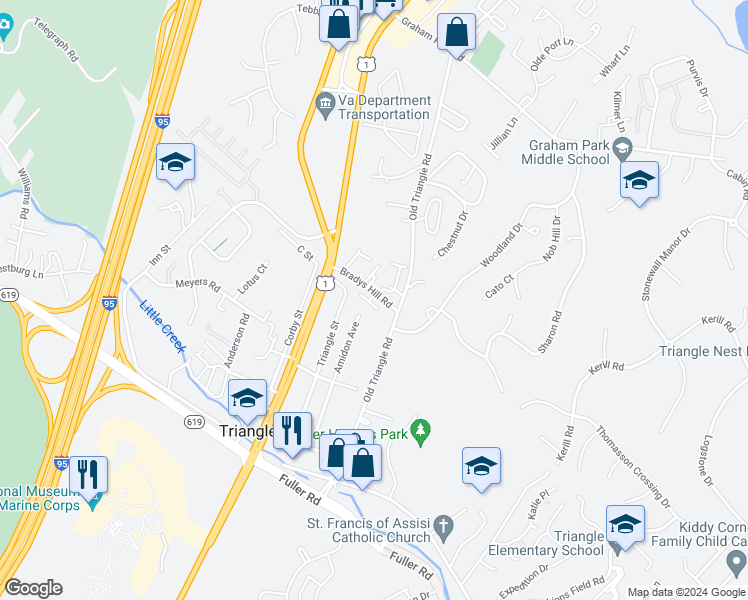 map of restaurants, bars, coffee shops, grocery stores, and more near 3995 Bradys Hill Road in Triangle