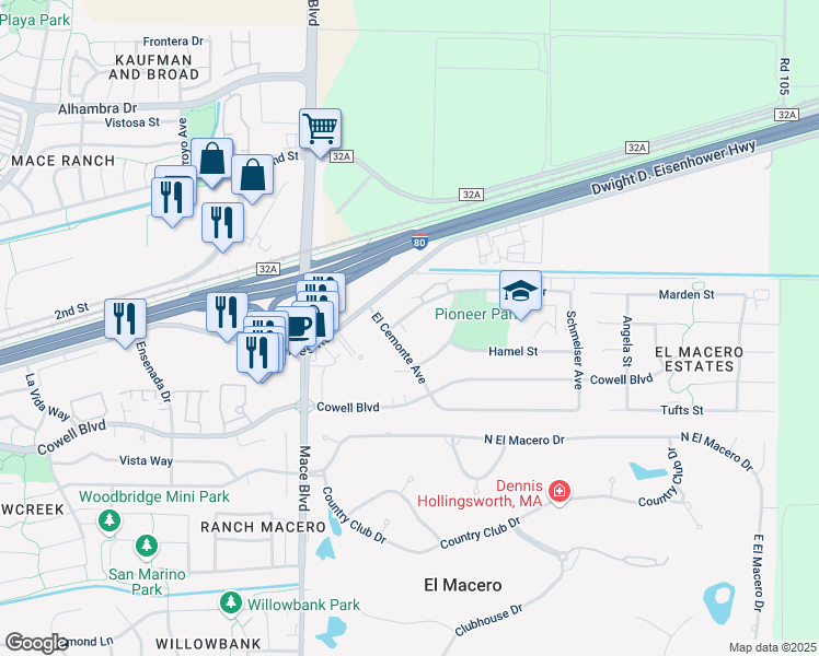 map of restaurants, bars, coffee shops, grocery stores, and more near 5010 Glide Drive in Davis