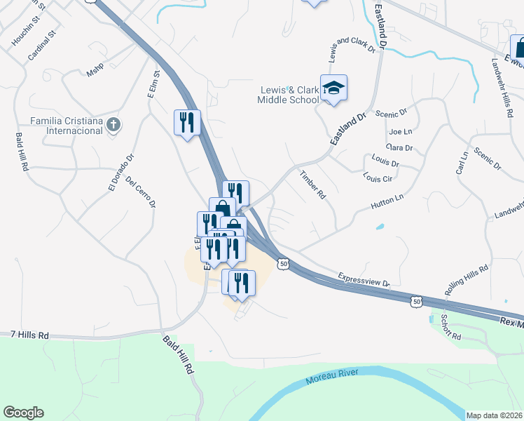 map of restaurants, bars, coffee shops, grocery stores, and more near 606 Woodlander Road in Jefferson City