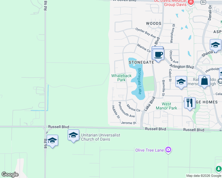 map of restaurants, bars, coffee shops, grocery stores, and more near 3401 Bermuda Avenue in Davis
