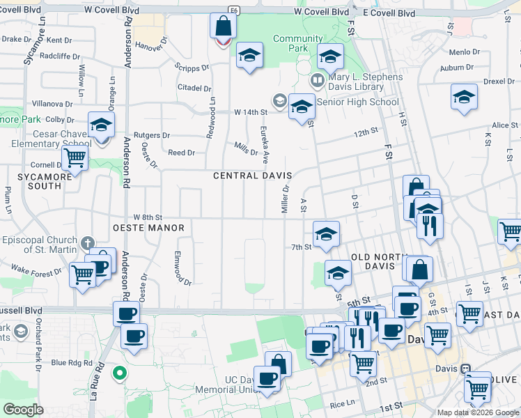 map of restaurants, bars, coffee shops, grocery stores, and more near 815 Eureka Avenue in Davis