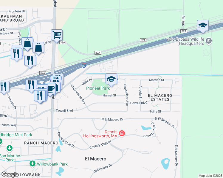 map of restaurants, bars, coffee shops, grocery stores, and more near 5215 Hamel Street in Davis
