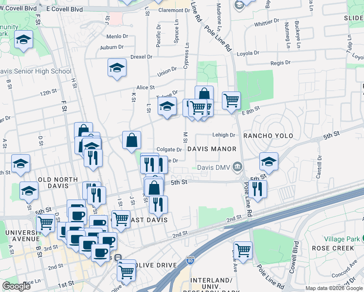 map of restaurants, bars, coffee shops, grocery stores, and more near 719 M Street in Davis