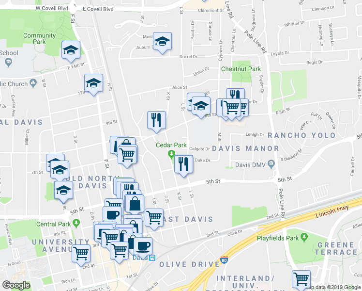 map of restaurants, bars, coffee shops, grocery stores, and more near 1206 Covell Place in Davis