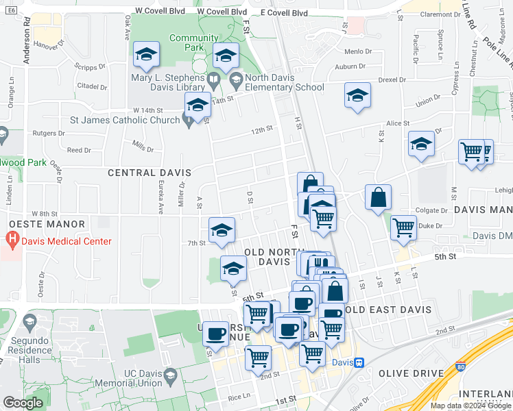 map of restaurants, bars, coffee shops, grocery stores, and more near 822 D Street in Davis
