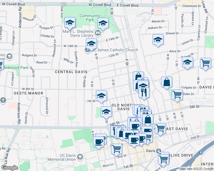 map of restaurants, bars, coffee shops, grocery stores, and more near in Davis
