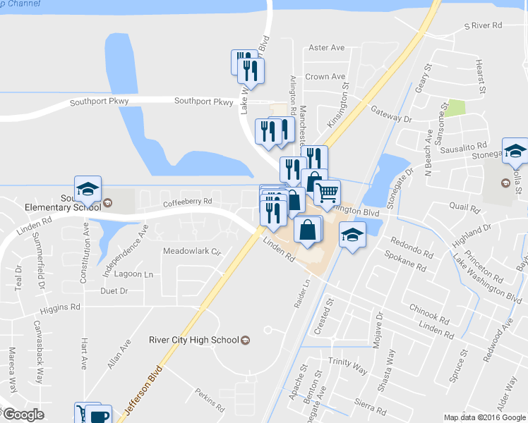 map of restaurants, bars, coffee shops, grocery stores, and more near 201 Touchstone Place in West Sacramento