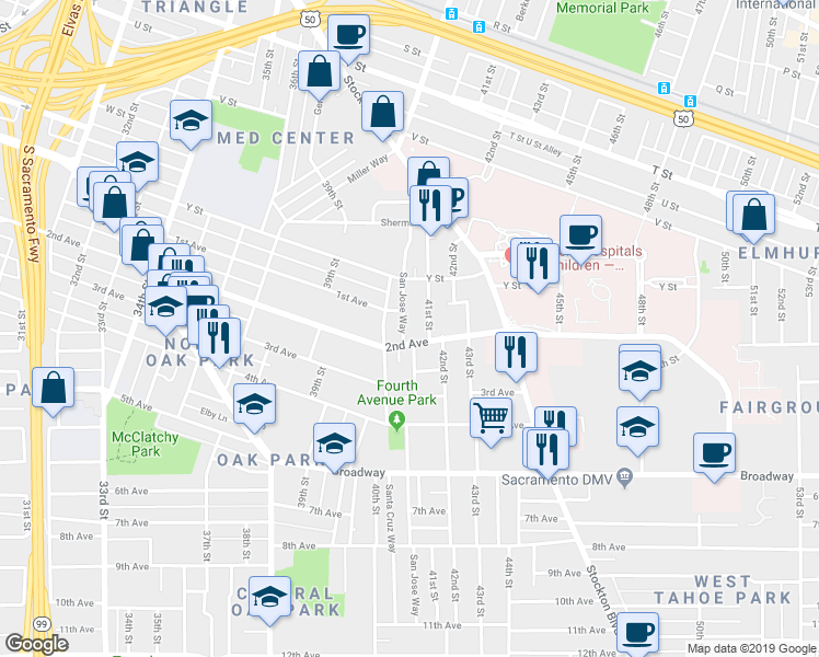 map of restaurants, bars, coffee shops, grocery stores, and more near 2623 San Jose Way in Sacramento