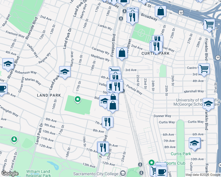 map of restaurants, bars, coffee shops, grocery stores, and more near 2033 Vallejo Way in Sacramento