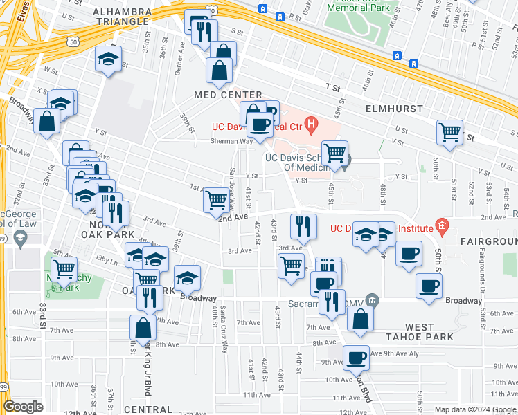 map of restaurants, bars, coffee shops, grocery stores, and more near 4201 2nd Avenue in Sacramento