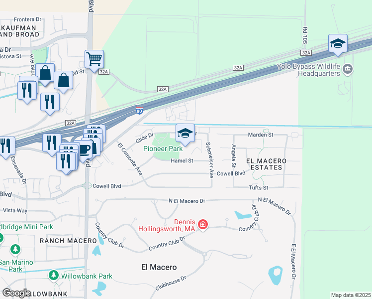 map of restaurants, bars, coffee shops, grocery stores, and more near 5215 Hamel Street in Davis