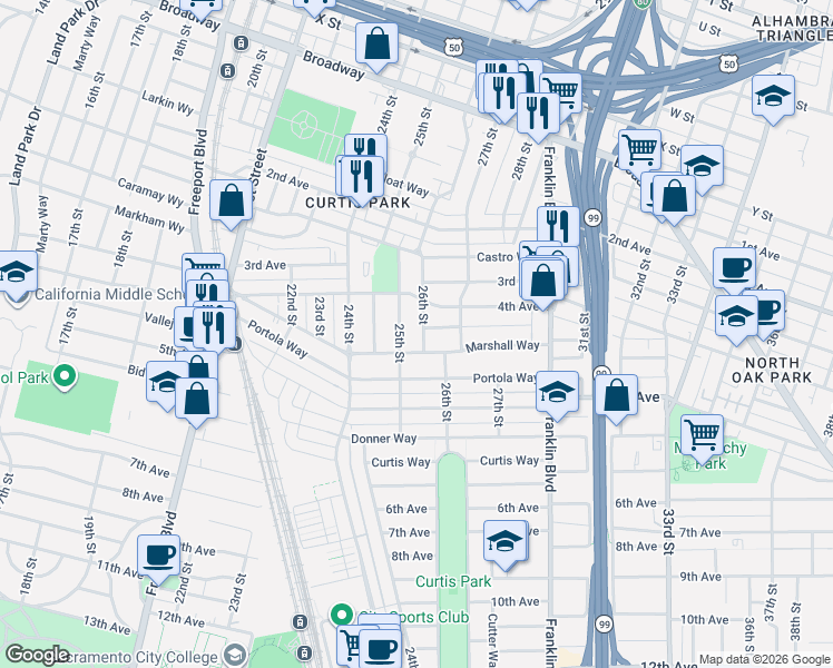 map of restaurants, bars, coffee shops, grocery stores, and more near 2601 Rochon Way in Sacramento