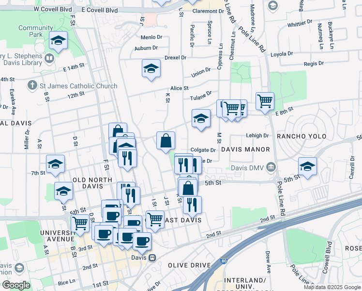 map of restaurants, bars, coffee shops, grocery stores, and more near 1206 Covell Place in Davis