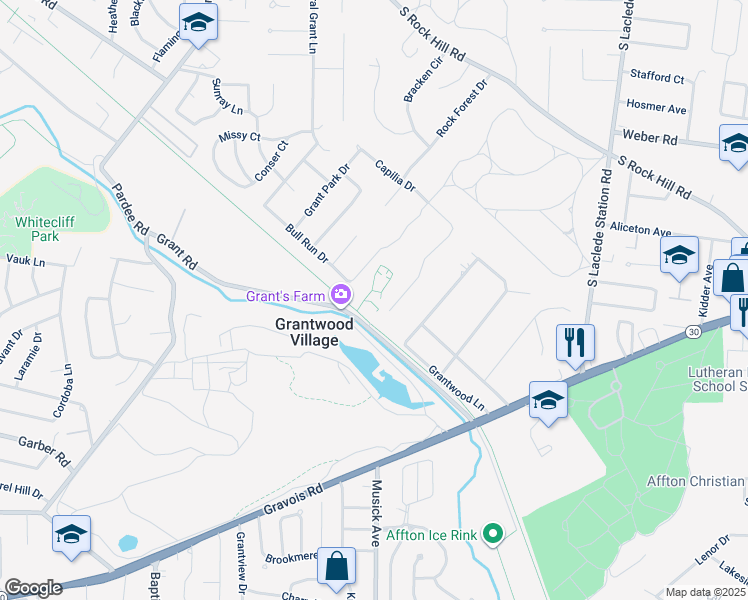 map of restaurants, bars, coffee shops, grocery stores, and more near 7400 Grant Road in St. Louis
