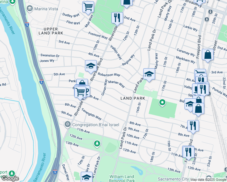 map of restaurants, bars, coffee shops, grocery stores, and more near 1238 Weller Way in Sacramento