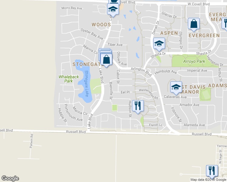 map of restaurants, bars, coffee shops, grocery stores, and more near 1004 Bienville Street in Davis