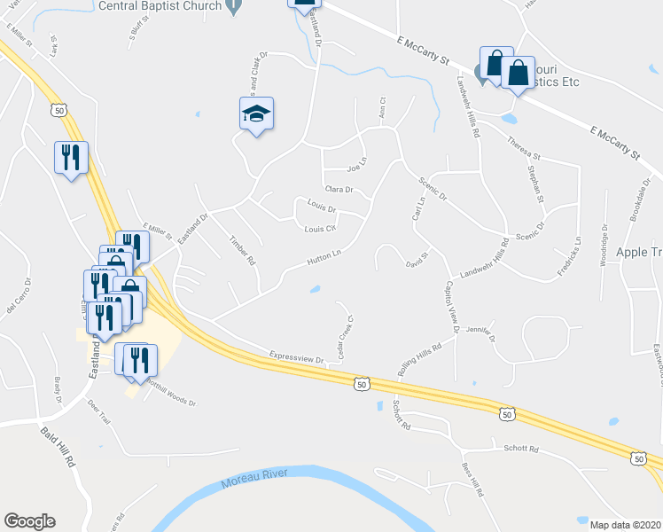 map of restaurants, bars, coffee shops, grocery stores, and more near 429 Hutton Lane in Jefferson City