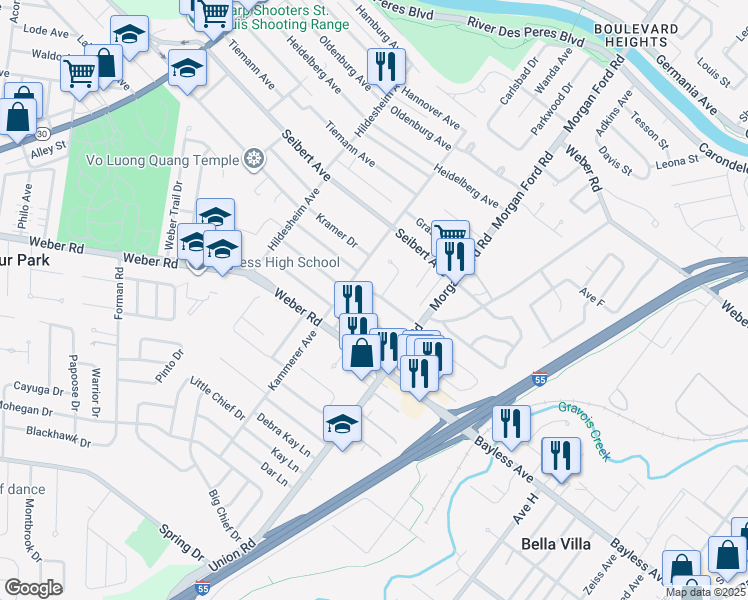 map of restaurants, bars, coffee shops, grocery stores, and more near 4340 Sinnwell Drive in St. Louis