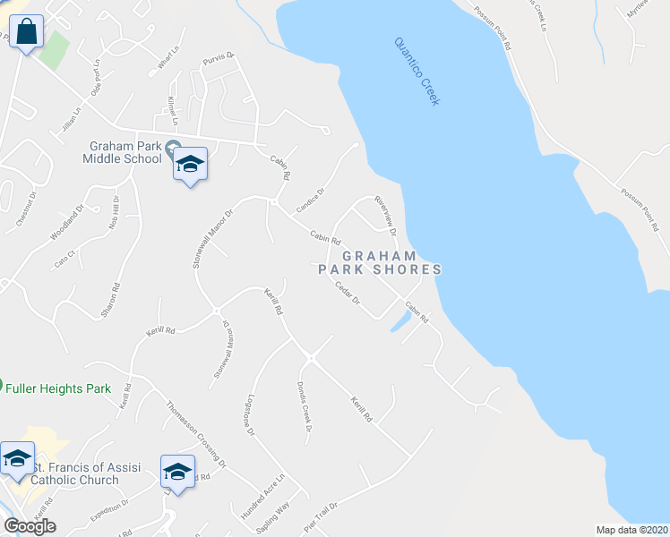 map of restaurants, bars, coffee shops, grocery stores, and more near 18405 Cedar Drive in Triangle