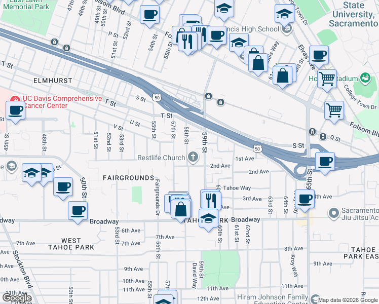 map of restaurants, bars, coffee shops, grocery stores, and more near 2306 58th Street in Sacramento