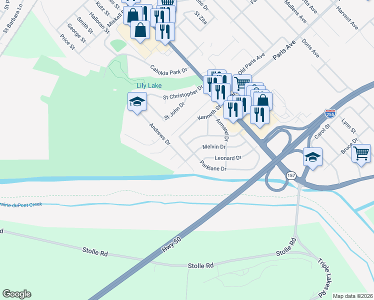 map of restaurants, bars, coffee shops, grocery stores, and more near 1615 Parklane Drive in Cahokia