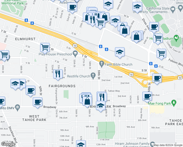 map of restaurants, bars, coffee shops, grocery stores, and more near 2405 58th Street in Sacramento