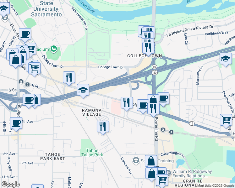 map of restaurants, bars, coffee shops, grocery stores, and more near 7667 Folsom Boulevard in Sacramento