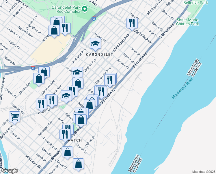 map of restaurants, bars, coffee shops, grocery stores, and more near 7101 Pennsylvania Avenue in St. Louis