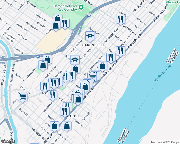 map of restaurants, bars, coffee shops, grocery stores, and more near 7200 Minnesota Avenue in St. Louis